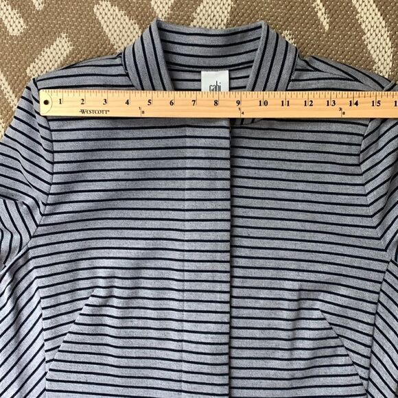 Cabi Grey And Navy Striped Hidden Button 3/4 Sleeve Coat Size L W/Shoulder Pads - Picture 15 of 17